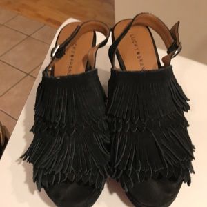 Lucky brand black fringe open toe wedges
